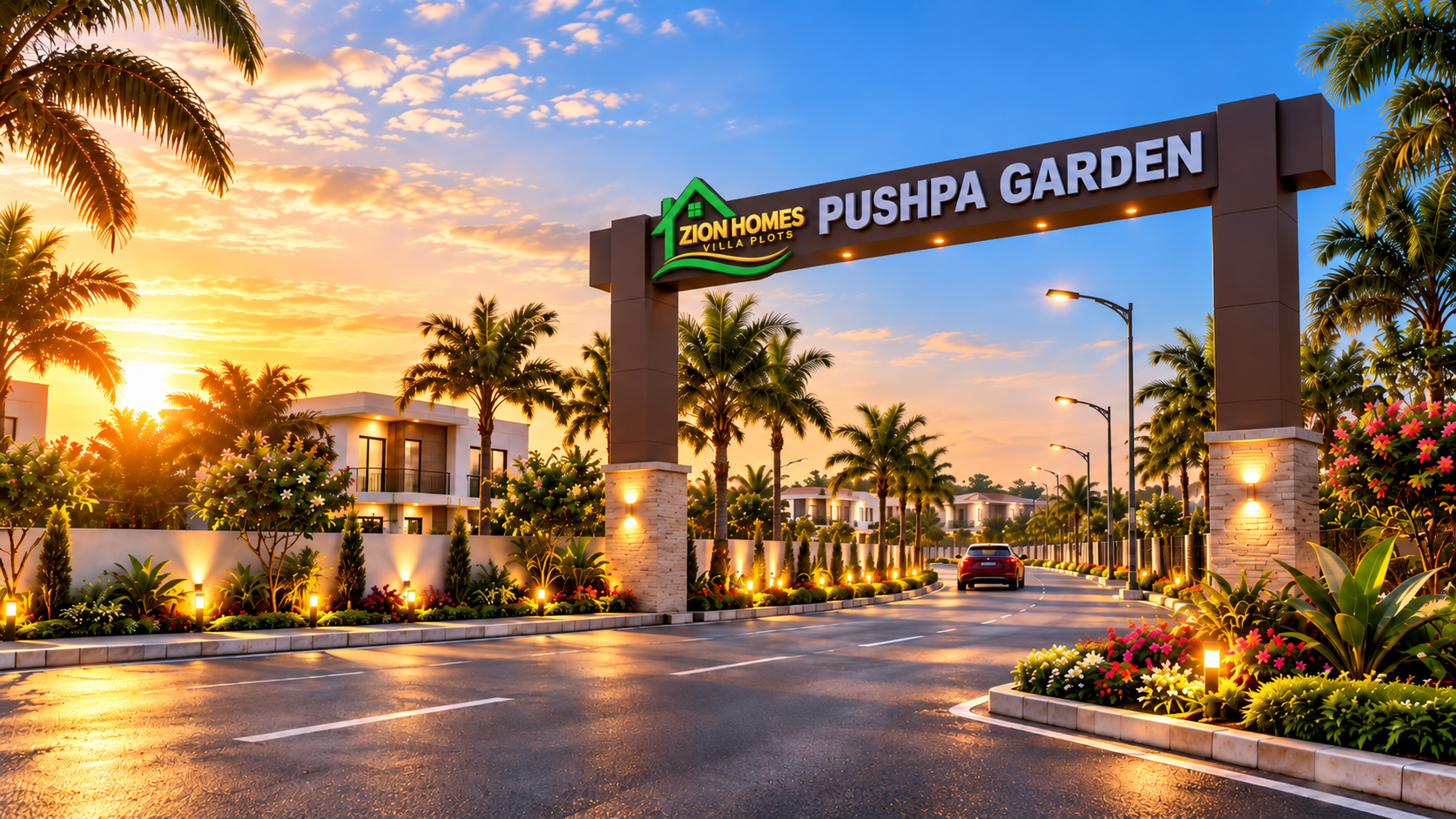 Grand entrance arch and landscaped avenue of Pushpa Garden