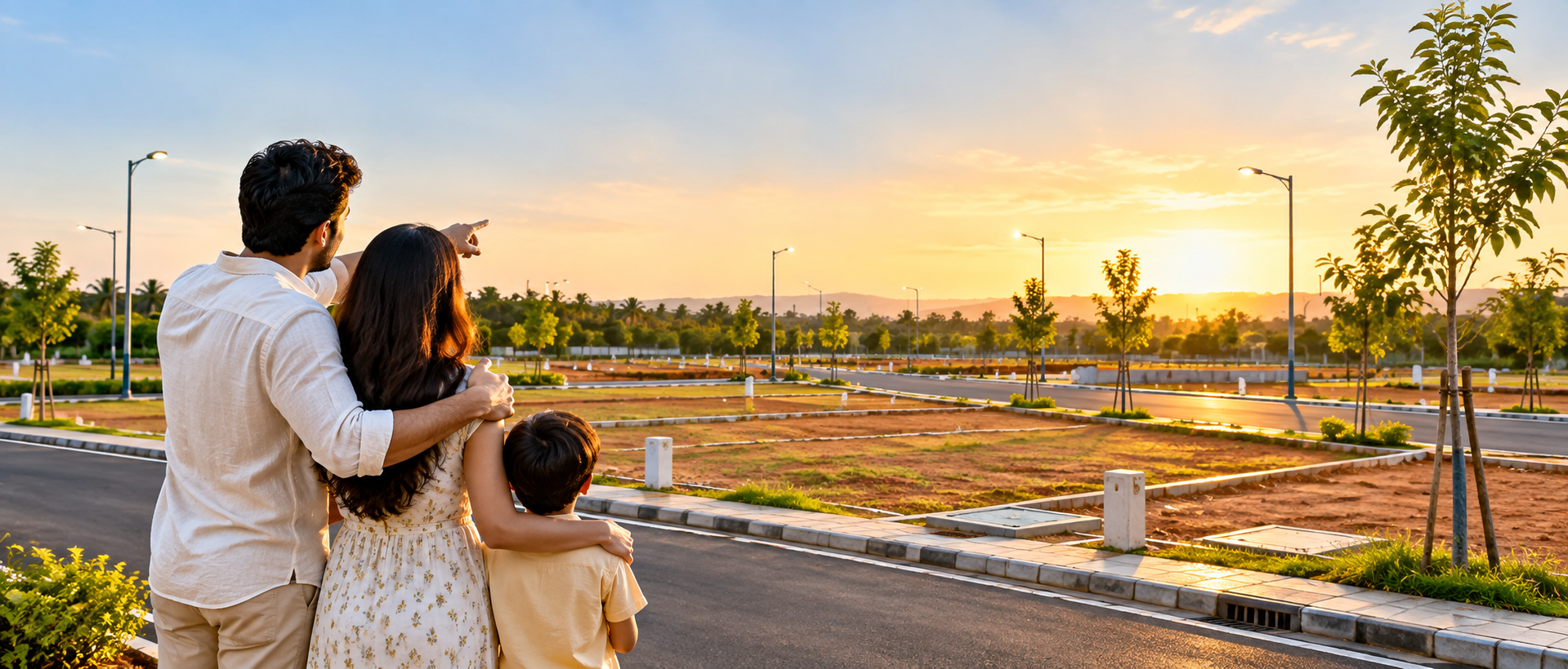 Happy family looking at their future villa plot at sunset